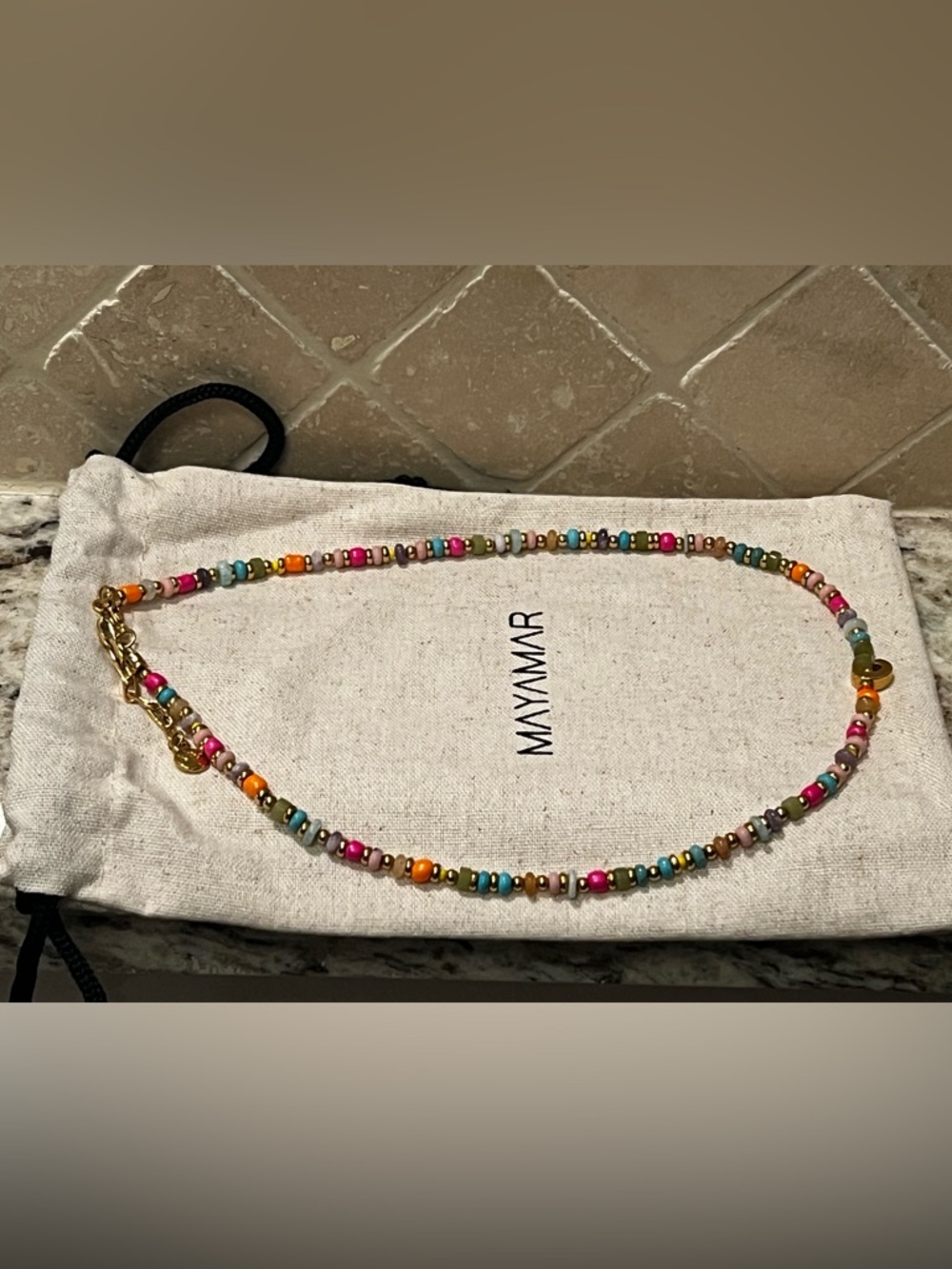 MAYAMAR Multicolor Natural Stone Beaded Necklace with Gold Tone “C” Charm - Picture 4 of 4